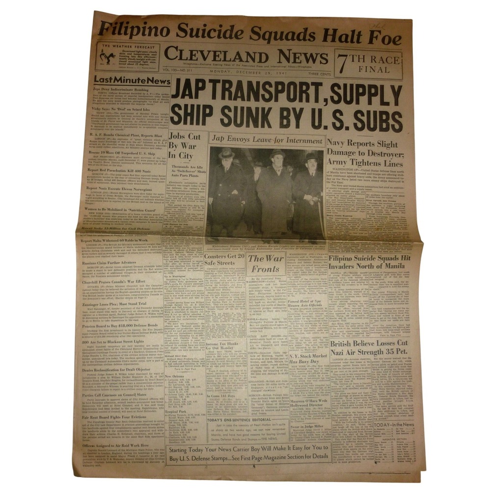 Vintage Dec 29 1941 Cleveland News Newspaper WWII Pearl Harbor Era Submarine